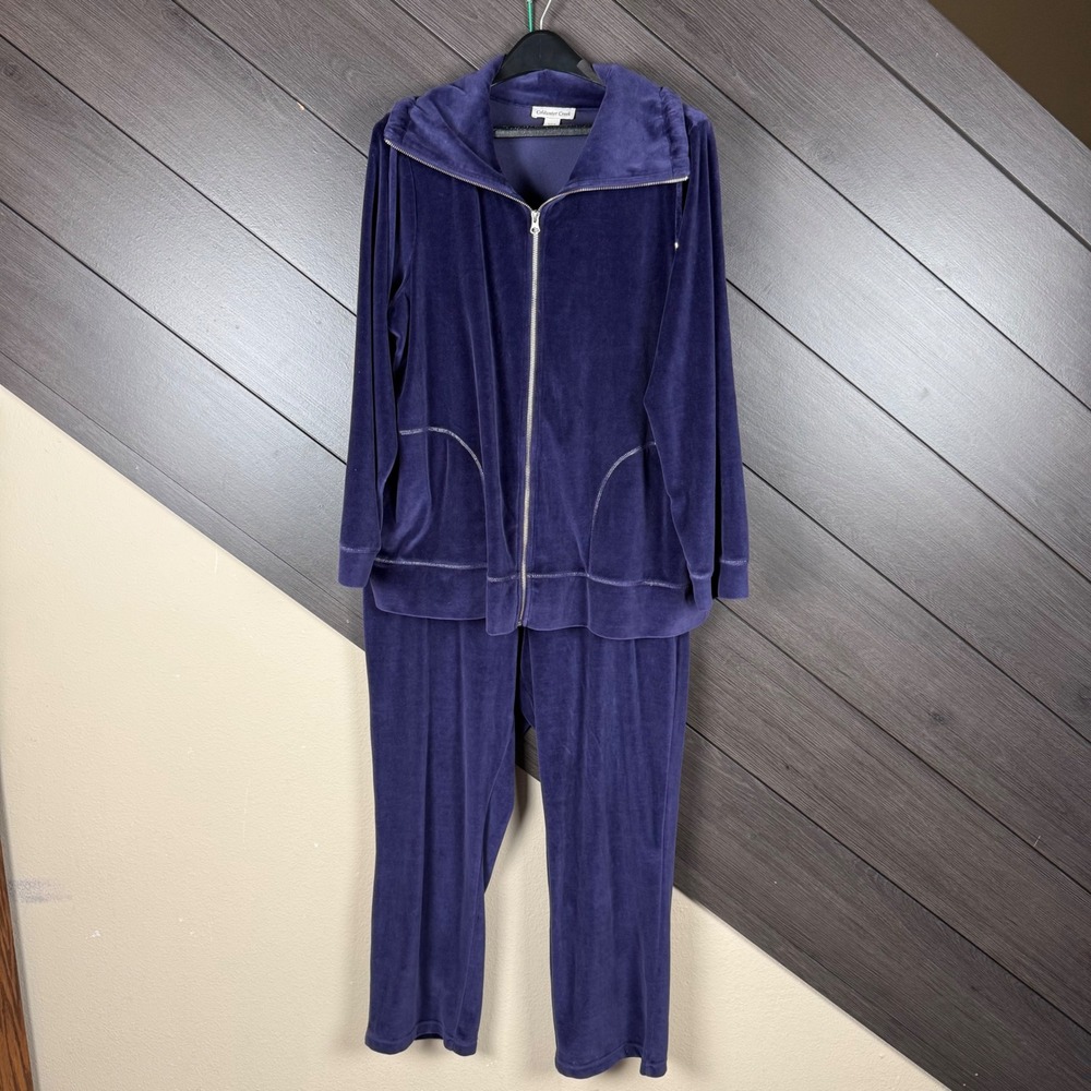 Coldwater Creek Women's PXL Velour Tracksuit Purple Metallic Stitch 2 Piece Set